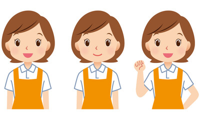 エプロンをつけた女性　介護士　スタッフ　表情セット