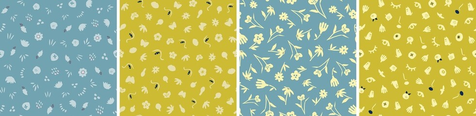 Set of floral vector seamless patterns. Bright abstract background