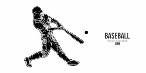 Abstract silhouette of a baseball player on white background. Baseball player batter hits the ball. Vector illustration - obrazy, fototapety, plakaty