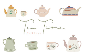 set of tea cups and teapot.vintage kettle teapot and cups or ceramic mugs with tea, concept tea break for self love.Hand drawn tea vintage.
