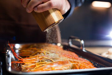 Close-up. Grilled tiger prawns. Salted before grilling.