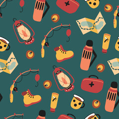 Seamless pattern with hiking elements. Drawn style. Lantern, canned food, mug, fishing rod, thermos, first aid kit, map, insect repellant, boots.
