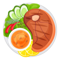 Steak. Restaurant dish in cartoon style. View from above. Meat with vegetables. Proper nutrition.