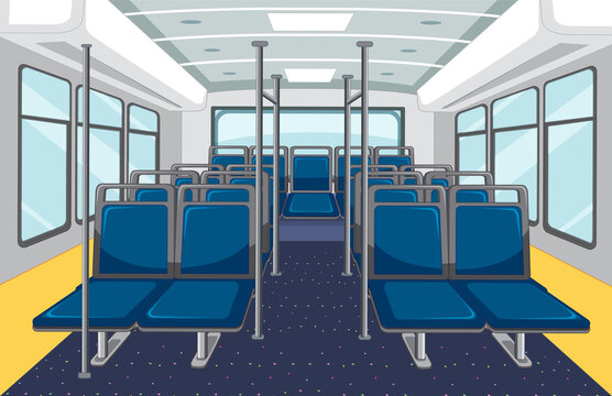 Bus interior with empty blue seats