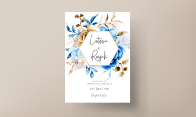 Watercolor wedding invitation template with blue and brown floral