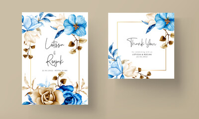 Watercolor wedding invitation template with blue and brown floral