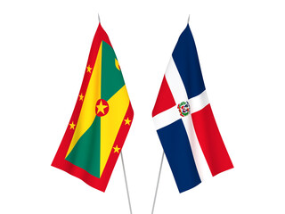 National fabric flags of Dominican Republic and Grenada isolated on white background. 3d rendering illustration.