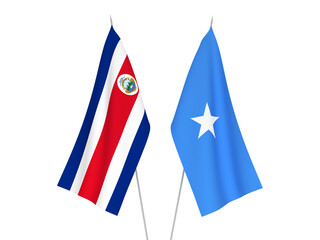 National fabric flags of Somalia and Republic of Costa Rica isolated on white background. 3d rendering illustration.