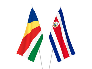 National fabric flags of Seychelles and Republic of Costa Rica isolated on white background. 3d rendering illustration.