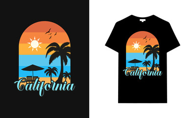 Miami California Hawaii t-shirt design | Summer san Diego California beach sunset retro Black t-shirt design | California Surf Session T-shirt Design. Sunset With Palm Trees In Retro Grunge Style.