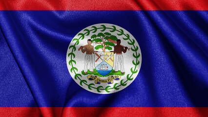 Close up realistic texture fabric textile silk satin flag of Belize waving fluttering background. National symbol of the country. 21st of September, Happy Day concept
