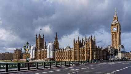A view from the bridge. Parliament building and Big Ben in London. 