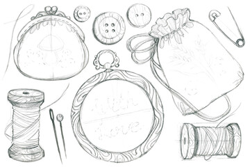 Big set of vintage graphite pencil sketches: hoop, coin purse, bag, spools of thread, buttons and needles on white.