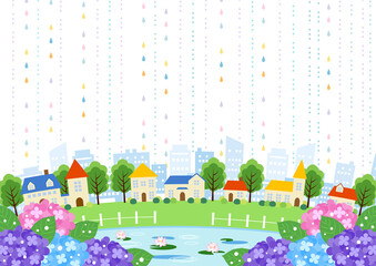 池のある街並み梅雨背景ヨコ明