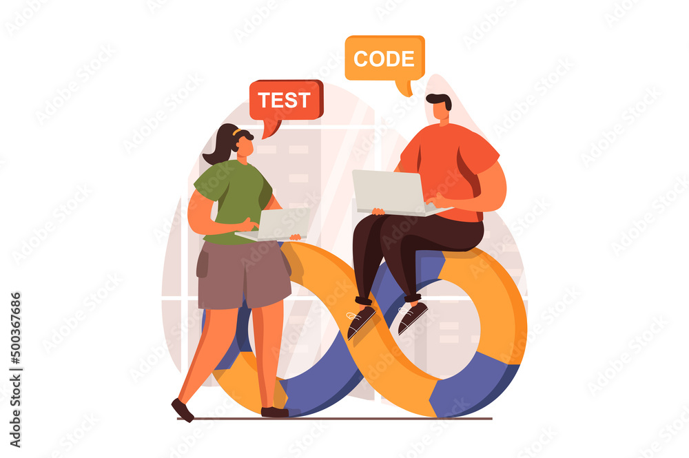Leinwandbilder DevOps web concept in flat design. Team doing project management, testing and coding programs, discuss task and working together. Development operations practice. Vector illustration with people scene