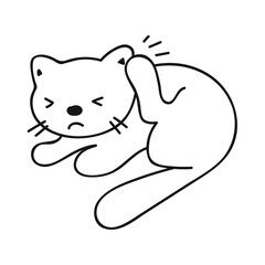 Cat scratching. Kitty has fleas. Vector outline illustration on white background.
