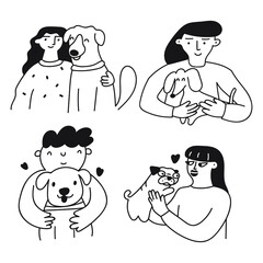 Smiling people with dogs. Outline icons. Vector illustrations on white background.