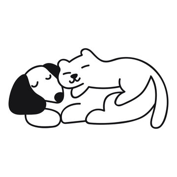 Dog and cat sleep. Outline hand drawn vector illustration on white background.
