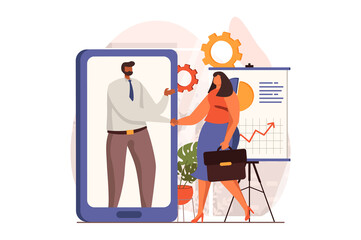 Digital business web concept in flat design. Businesswoman and businessman shake hands and make deal. Analysis and strategy development, investment in project. Vector illustration with people scene