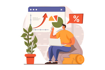Financial analysis web concept in flat design. Man analyzes data and making report with calculating budget at presentation. Audit, investment and accounting. Vector illustration with people scene