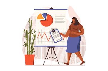 Financial analysis web concept in flat design. Woman speaks at business meeting with marketing research or report at conference. Audit, investment and accounting. Vector illustration with people scene
