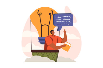 Finding ideas web concept in flat design. Smart man reading wisdom book, gains knowledge and flies in hot air balloon. Inspiration, motivation and creativity. Vector illustration with people scene