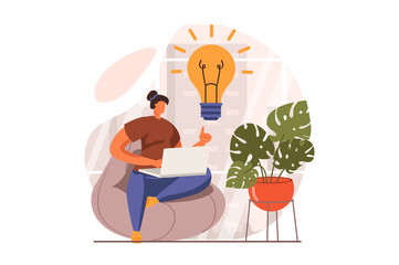 Finding ideas web concept in flat design. Woman brainstorming, searching solutions, business improvements and progress. Inspiration, motivation and creativity. Vector illustration with people scene