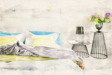 Cosy Summer Colors Bedding - Watercolor Painting of an Interior Design