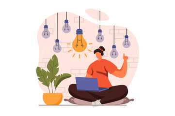Finding ideas web concept in flat design. Businesswoman brainstorming, looking for new opportunities and launches startup. Inspiration, motivation and creativity. Vector illustration with people scene
