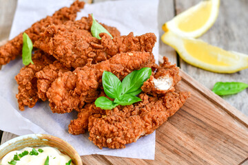 
 Crispy  deep Fried   Chicken strips and wedges potato. Breaded  with cornflakes chicken  Breast Fillets  with chilly peppers and fresh   basil on wooden rustic background
