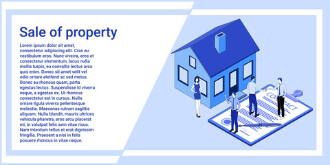 Sale of property.People choose houses and make a purchase and sale transaction.An illustration in the style of the landing page is blue.