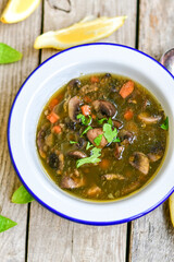  Homemade  vegetarian  Delicious Mushroom Soup with dill and  lemon 
