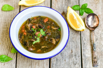  Homemade  vegetarian  Delicious Mushroom Soup with dill and  lemon 