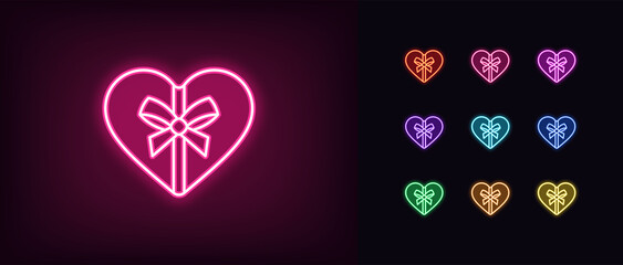 Outline neon gift box icon. Glowing neon Heart shaped present with bow knot, romantic surprise pictogram. Love gift box