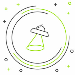 Line UFO flying spaceship icon isolated on white background. Flying saucer. Alien space ship. Futuristic unknown flying object. Colorful outline concept. Vector