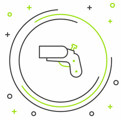 Line Flare gun pistol signal sos icon isolated on white background. Emergency fire shoot target smoke. Orange 911 launcher. Colorful outline concept. Vector