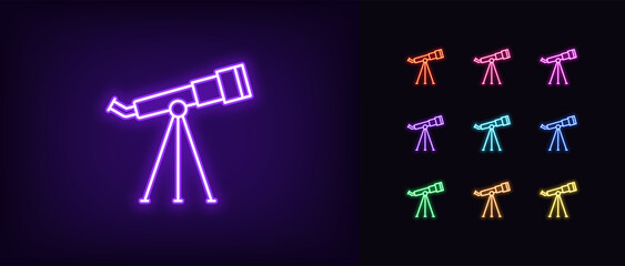 Outline neon space telescope icon. Glowing neon monocular spyglass, planetarium pictogram. Cosmos exploration - obrazy, fototapety, plakaty