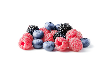 Different ripe tasty berries on white background such as strawberries, cherries, raspberries, blueberries, currants, blueberries.