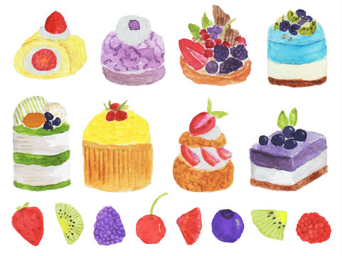 set of beautiful hand drawn cakes and sweets watercolor	