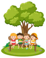 Children sitting on a wooden bench