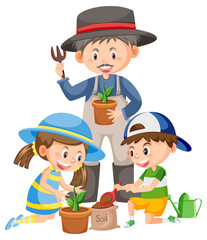 Family gardening on white background