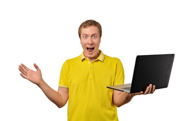 Surprised happy male holding laptop in hand isolated on white background, happy successful man