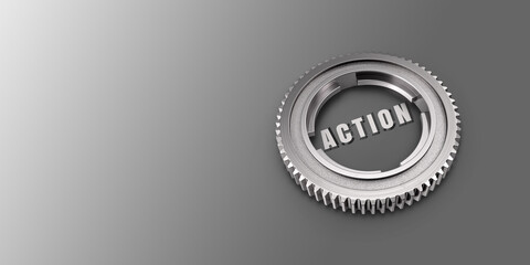 Action Title On Gear Against Metallic Background