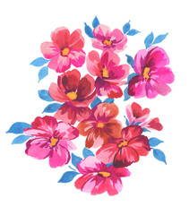 hand painted artistic pink and red dence florals in a circle composition with blue leaves on white background. Fantasy flowers. Artwork isolated.