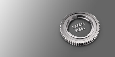 Safety First Title On Gear Against Metallic Background