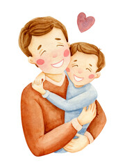 Dad and son watercolor illustration isolated on white background. Father and kid poster, card. Father's day design. Family hugs print.