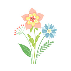 Smiling Flowers on Stalk with Petal and Green Leaf Vector Illustration