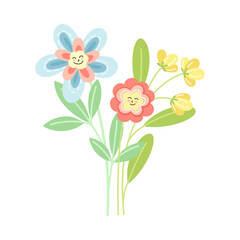 Smiling Flowers on Stalk with Petal and Green Leaf Vector Illustration