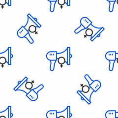 Line Female movement, feminist activist with banner and placards icon isolated seamless pattern on white background. Feminist rights movement, feminism sisterhood. Colorful outline concept. Vector