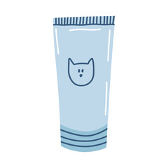 Tube with cream and cat icon in cartoon flat style. Dental hygiene for pet, gel for hairballs, nutritional supplements for healthy kittens